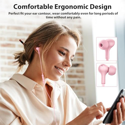 3.5mm Wired Earbuds Headphones with Mic for School Airplane Students Pink | Noise Canceling High Sound Quality 3.5mm Jack Earphones Tablets Computer Laptop for iPod/iPad for MP3/MP4/iPhone 6 5S Pink