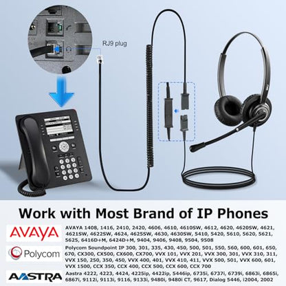 MKJ RJ9 Phone Headset with Microphone Noise Canceling for Landline Phone | Wired Office Headphone Dual Ear for Call Center Telephone Avaya 9508 Aastra 6753i Fanvil Polycom 3Com, Clear Sound, Comfort