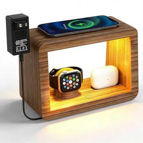 4 in 1 Bamboo Charging Station for Multiple Devices, 15W Fast Wireless Charger with Stepless Dimmable Night Light, Wood Style Dock Compatible with iPhone/iWatch/AirPods