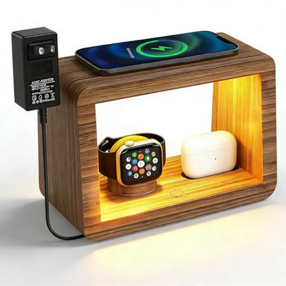 4 in 1 Bamboo Charging Station for Multiple Devices, 15W Fast Wireless Charger with Stepless Dimmable Night Light, Wood Style Dock Compatible with iPhone/iWatch/AirPods