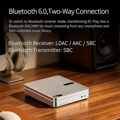 CD Players for Home, Moonlight Silver | 700mW Output, Bluetooth 6.0 LDAC, USB DAC & Coaxial, supports 384kHz/32bit, 12H Battery, 4.4mm/3.5mm Jacks, Moonlight Silver - color: EC Play Moonlight Silver