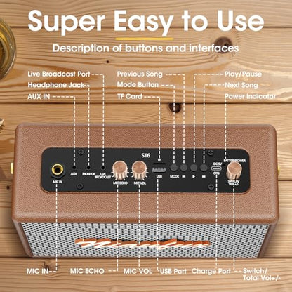 Karaoke Machine, Retro-Design Speaker with 2 Wireless Microphones for Adults & Kids, Portable Karaoke System for Home Party, Bluetooth/AUX/USB/TF/TWS Support, Gifts for Women & Girls - Brown - style: Brown