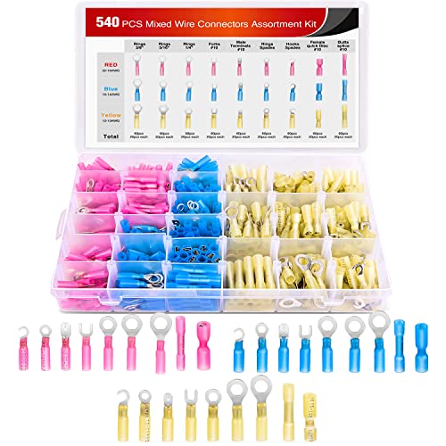 Nilight 540 PCS Heat Shrink Wire Connectors Waterproof Automotive Marine Electrical Terminals Kit Ring Fork Hook Spade Butt Splices - color: 540Pcs Mixed Heat Shrink Terminals