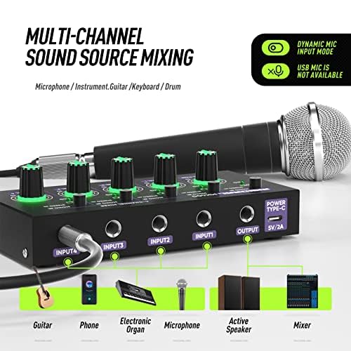 Mini Audio Stereo Mixer 4 Channel 1/4 Inch TSR/TS Audio Input Jack For Line Mixer Stereo/Mono Cutovers Compatible With Mic, Guitars Volume Amplifier Knob Mix Audio Output To Small Mixer & Speaker