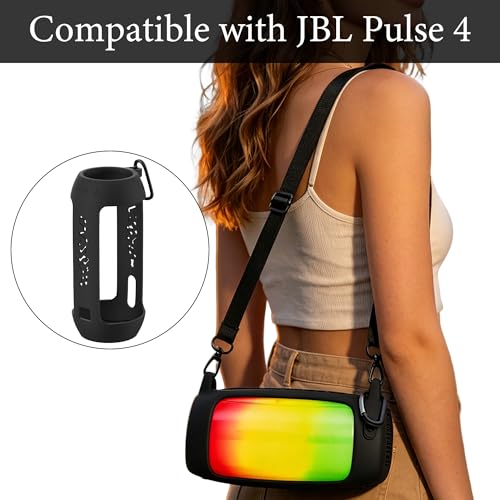 Geekria Silicone Carrying Case Compatible with JBL Pulse 4 Speaker, RGB Light Visible Protective Cover with Shoulder Strap & Carabiner, Shockproof Anti-Slip Outdoor Travel Sleeve (Black) - color: Black
