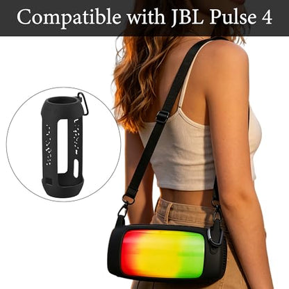 Geekria Silicone Carrying Case Compatible with JBL Pulse 4 Speaker, RGB Light Visible Protective Cover with Shoulder Strap & Carabiner, Shockproof Anti-Slip Outdoor Travel Sleeve (Black) - color: Black
