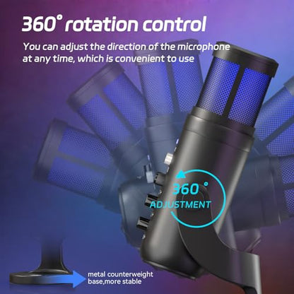 USB Streaming Microphone for PC Laptop | Noise Cancelling, Volume Ctrl, Plug & Play, RGB Light, Monitor Jack, Compatible with PS4 PS5 Mac for Gaming Podcast Creator