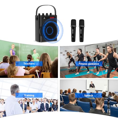 ZOWEETEK 60W Voice Amplifier with 2 Wireless Microphones | PA System, Karaoke Machine, Portable Speaker, Support TF/USB/Aux/Guitar, Rechargeable, for Speech/Class/Karaoke