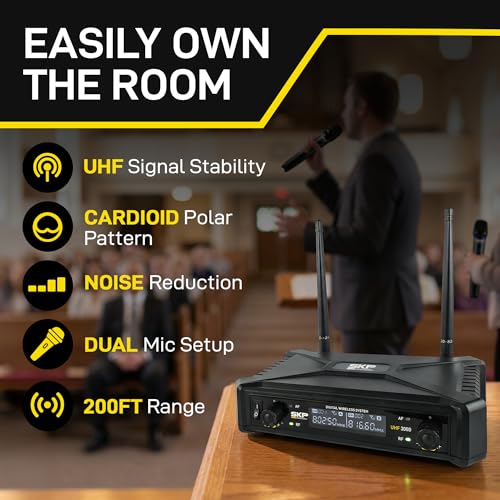 SKP Pro Audio UHF-300D Dual Wireless Microphone System – Handheld Wireless Microphones with LCD Display, 200ft Range, Clear Sound, Long Battery for Karaoke, Singing, Church & DJs