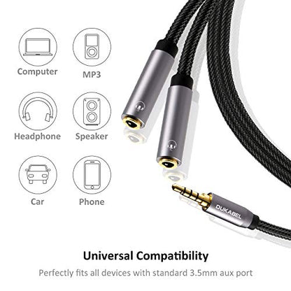 Headphone Splitter, Strong Braided & Gold-Plated 3.5mm Stereo Audio Y Splitter Cable 4-Pole Male to 2-Female Port Audio Stereo Cable Dual Headphone Jack Adapter Top Series | Hi-Fi Stereo Sound, 24K Gold-Plated, TRRS Mic Support, Music Sharing, for Phone,