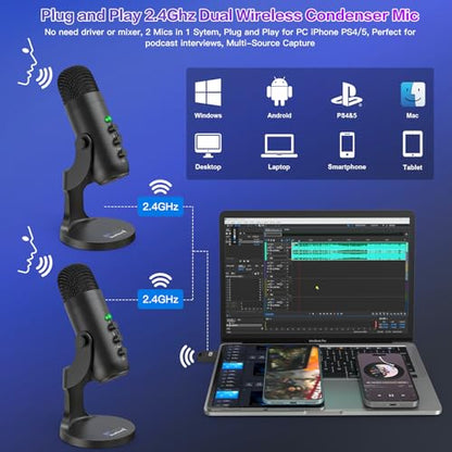 ZealSound Wireless Podcast Microphone for PC & iPhone, Dual Desktop Mics with Noise Reduction, Tap-to-Mute, Gain & Echo Controls, Zero-Latency Monitoring for Podcasting & Streaming YouTube TikTok - color: Phantom Black