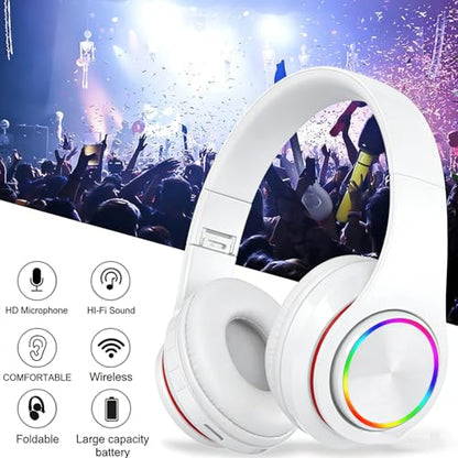Over Ear Wireless Headphones with Noise Reduction, Mic Deep Bass HiFi Stereo, Foldable Lightweight LED Headset for PC Home Travel Office (White) - color: White