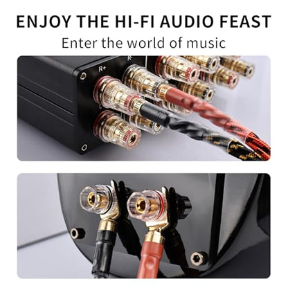 9 AWG 2-Pack Speaker Cable with 2 Banana Plugs to 4 Spades Per Cable | 99.99% OFC Core, 24K Gold-Plated Plugs, Ferrite Cores, Speaker Wire with Connectors for Amplifiers, Home Theater, 4.92ft/1.5m - size: 9.84ft/3m