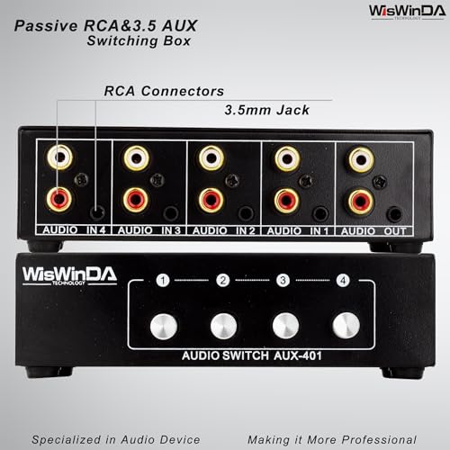 4-in 1-Out RCA 3.5mm AuxAudio Switch Box Audio Converter 4 Channels 1-in 4-Out Passive Audio Selector Switcher Box Connectors (RCA+AUX 4IN-1OUT/1IN-4OUT) - size: RCA+AUX 4-In-1-Out/1-In-4-Out