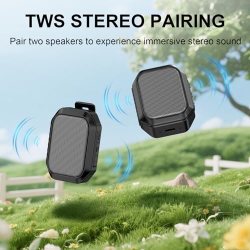 Wearable Speaker, IPX7 Clip-On Portable, BT 6.0, TWS, Hands-Free | IPX7 Waterproof, BT 6.0, TWS Pairing, Hands-Free Calls, Clip-On Design for Golf, Camping, Work