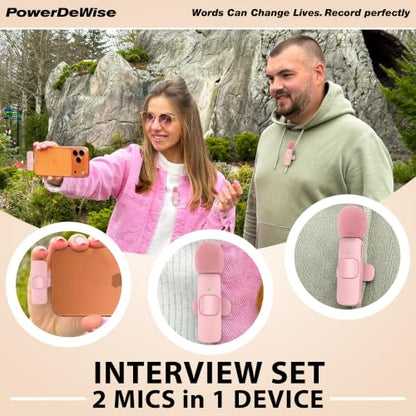PowerDeWise Wireless Lavalier Microphone for iPhone & Android, 2 Pack Pink Mini Mic, USB-C/Lightning Clip-On Microphone, AI Noise Cancellation, 70FT Range for TikTok YouTube Podcast Vlog - style: Wireless Set Pink