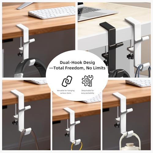 Desk Mount Bag Holder Hook Clamp, Bag Hook 2 Pcs-Double Hook White | Portable Purse Hook for Table, Reduce Desk Clutter, Desk Mount Headphones Holder, Backpack Hanger, Table Hanging Storage - color: 2 Pcs-Double Hook White