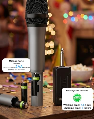 Bietrun UHF Wireless Microphone with 1/4'' Plug Rechargeable Receiver - color: Battery Red and Grey