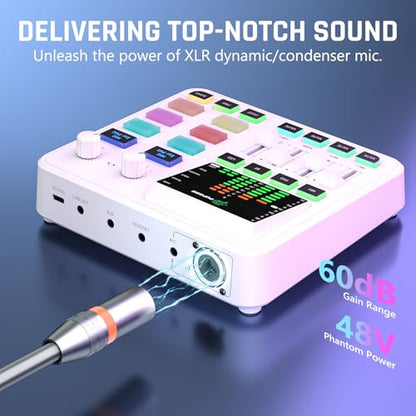 PUPGSIS Gaming Audio Mixer, Audio Interface for PC/Podcast/Streaming, Sound Board with 3.5mm/XLR Mic Input, 48V Phantom Power, Voice Changer, Live Sound Card with DJ Mixer Effects/Bluetooth(White) - color: White