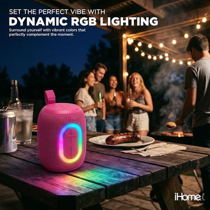 iHome Quest Wireless Portable Bluetooth Speaker with RGB Light | Water-Resistant, Built-In Carry Strap, TWS Pairing, Rechargeable Battery, USB-C Cable Included, True Stereo, Bluetooth 5.3 - color: Pink