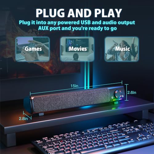 Computer Speakers, USB Powered 3.5mm AUX PC Sound Bar for Desktop Monitor, Gaming Speakers with Headphones & Microphone Link, Superb Stereo Sound, Plug-n-Play (Black) | USB-powered desktop PC soundbar with 3.5mm AUX and mic/headphone jack. Superb stereo s