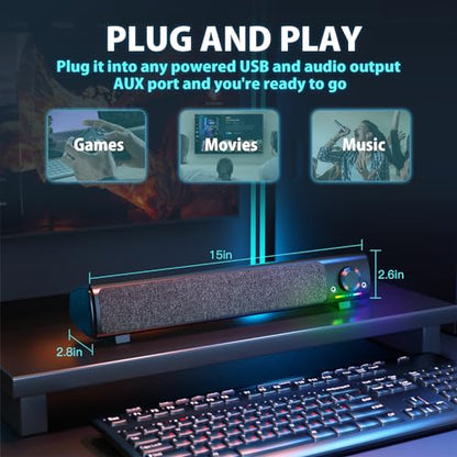 Computer Speakers, USB Powered 3.5mm AUX PC Sound Bar for Desktop Monitor, Gaming Speakers with Headphones & Microphone Link, Superb Stereo Sound, Plug-n-Play (Black) | USB-powered desktop PC soundbar with 3.5mm AUX and mic/headphone jack. Superb stereo s
