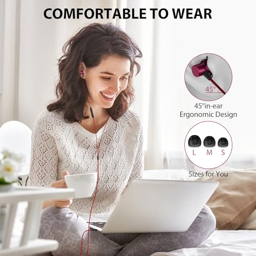 ASKUBSKU Wired Headphones Earbud for School Laptop PC Chromebook, Black Red | Noise Isolating Ear Buds with 3.5mm Plug in Audio Jack Microphone HiFi Stereo Clear Call Corded Earphones for Kindle Fire