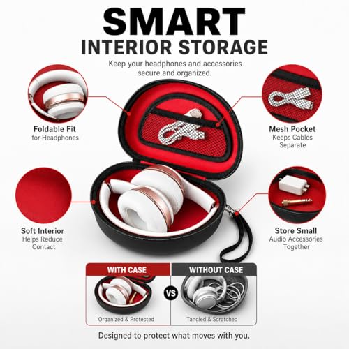 COMECASE Case for Beats Solo 4/Studio Pro Headphones with Mesh Pocket | Water-Resistant Hard Shell, Wrist Strap for Easy Carrying, Travel Storage, Fits Solo 2/3, Solo Pro and Studio3, Red Inside - color: Black+Red Inside