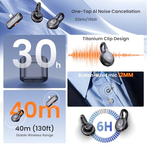 Wireless Lavalier Microphone for iPhone & Android, USB-C Mini Mic with AI Noise Canceling, 196ft Range, 50H Battery, Clip-On Lapel Mic for YouTube Vlog Interview Recording Content Creation