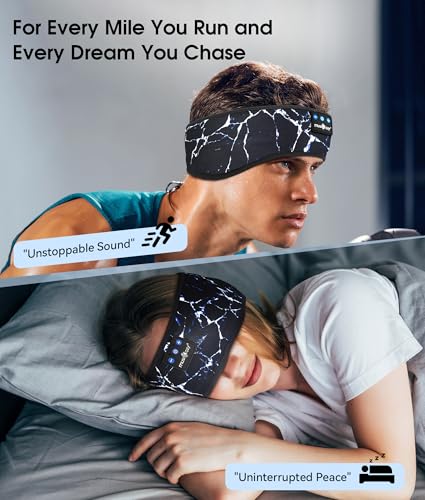 MUSICOZY Bluetooth 5.4 Sleep Headphones Headband Sports Wireless Audio | Earbuds 2 in 1 Design with Breathable Stretch Fabric, HD Stereo Sound Speakers for Workout Yoga Running, Nighttime Sleep Use - color: Marbling Black