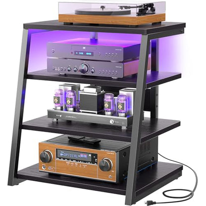 4-Tier AV Media Stand with Power Strips, Stereo Stand with LED Lights, Rack Audio Tower with Adjustable Shelves, Small Entertainment Center, 30'', Black Ebony | Corner Shelf Stand with Power Strip & LED Lights, Audio Tower HIFI Rack Stereo Shelf CRT TV St