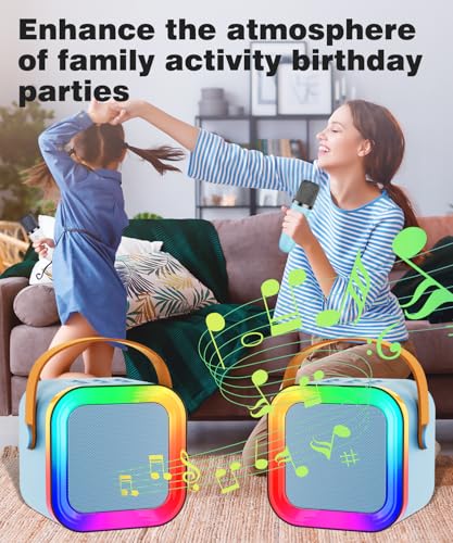 Mini Kids Karaoke Machine Toy Ages 3-12, 2 Wireless Mics Bluetooth Speaker | LED Party Lights, Voice Changer, Duets, BT 5.3, Rechargeable Portable, Christmas Birthday Gifts for Toddler Boys & Girls - color: Blue - 2 Mics