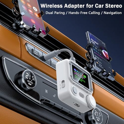 Bluetooth 6.0 Transmitter Receiver for TV/Airplane to 2 Wireless Headphones Dual Link with 3.5mm AUX 2-in-1 Wireless Bluetooth Audio Adapter for Travel Flight Gym Boat Car Home Stereo