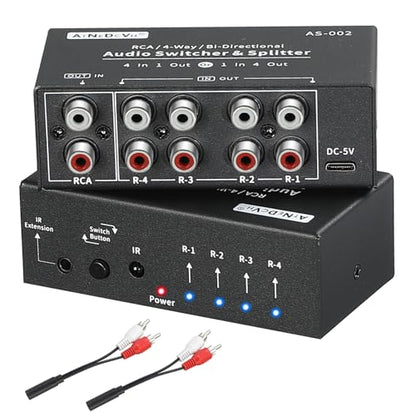 RCA 4-Way Bi-Directional Audio Switcher Splitter, 1 in 4 Out / 4 in 1 Out Stereo L/R Sound Channel Audio Switch Selector Splitter Box with Remote Control for Speakers Headphones Amps (Black)