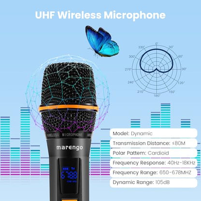 Marengo Metal Wireless Microphone,UHF Handheld Karaoke Mics,Rechargeable