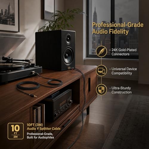 3.5mm to RCA Cable 10FT — OFC Gold-Plated 1/8 Inch Stereo Aux Y Splitter Cord for iPhone iPad Android Laptop to Car Stereo Home Theater Amplifier Receiver Speaker