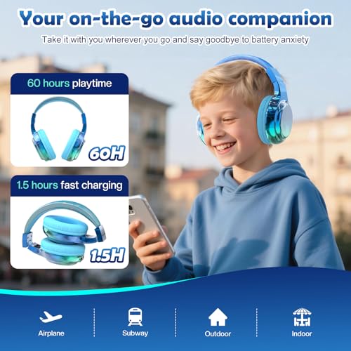 QearFun Kids Bluetooth Headphones, 60H Playtime, 74/85/94dB Volume Limit | For school, tablet, travel, kids wireless headphones feature HD mic, fast charging, foldable design, boys girls, wired mode - color: Blue