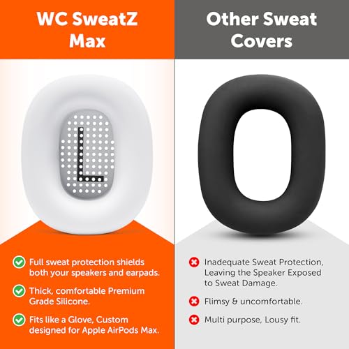 WC SweatZ Max - Patented Silicone Sweat Covers for AirPods Max 1 | Made by Wicked Cushions | (Does Not Fit AirPods Max 2). Sweatproof, Full Earpad Protection | White - color: White