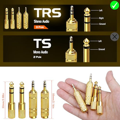 4-Pack Headphone Adapter Set(Gold Plated), 1/8 (3.5mm) and 1/4 (6.35mm) Adapter Stereo(TRS), Audio Jack Converter for Guitar, Amp, Studio, Zero Signal Loss