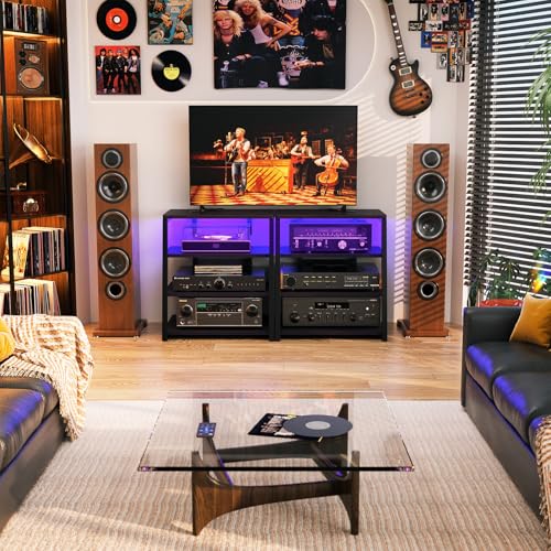 Besiost AV Media Stand with Outlets, Media Console with LED Lights, Stereo Racks and Stands with Storage Shelves, Media Audio Tower Cabinet, Black Enoby - color: Black Enoby