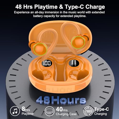Wireless Earbuds, Bluetooth 5.4 Headphones Sport Over Ear Buds With ENC Mic - color: O-Orange