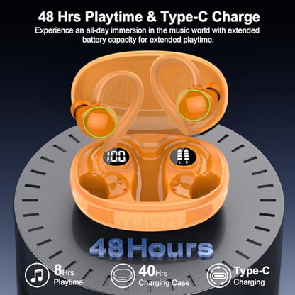 Wireless Earbuds, Bluetooth 5.4 Headphones Sport Over Ear Buds With ENC Mic - color: O-Orange