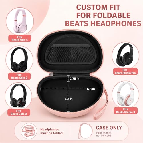 Comecase Hard Travel Headphone Case for Beats Solo 4, Solo 3, Studio Pro | Mesh Pocket, Detachable Wrist Strap, Fits Folded Headphones up to 6.8 x 4.3 x 2.75 In, Rose Gold, Bag Only - color: Rose Gold