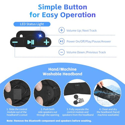 Sleep Headphones Bluetooth 6.0 Headband for Side Sleeper (Black) | 200mah cell for 20hr playback, 3mm ultra-thin speaker & mic, HD stereo, removable & washable, 2-in-1 sport & sleep headband - color: Black