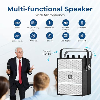 100W Powerful Voice Amplifier with 2 Wireless Microphones S99 | Big Pro Sound Portable Speaker with Microphone, Bluetooth Speaker PA System Karaoke Machine Support BT/USB/TF Card/Aux/Guitar - color: Black