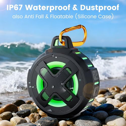 Upgraded, IP67 Waterproof Bluetooth Speaker, Silicone Case,10W Pro Sound&Deep Bass,24H Playtime, with Lights,Clip,Floating,for Shower,Beach essentials, Kayak Paddle Board Boat Lake Camping accessories - color: A-Black
