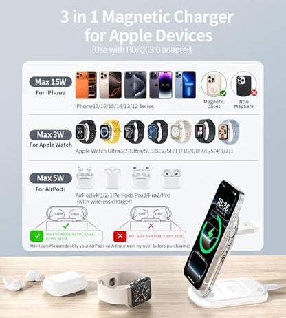 3 in 1 Magnetic Wireless Charging Station for Apple Devices | Fast Travel Charger Stand with Night Light for MagSafe-enabled iPhone 17 16 15 14 13 12 Series, Apple Watch/AirPods Pro, WH - color: White