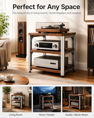 3-Tier HiFi Audio Rack, Adjustable AV Stand for Stereo Equipment | 110 lbs Per Shelf Open Cooling Design Metal Support Columns Rubber Feet Fits Amplifier, Receiver, Turntable & CD Player - size: 3-tier