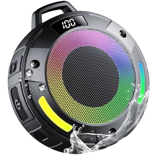 Bluetooth Speaker, 2025 Portable Wireless Shower Speaker, Digital Display Portable Speaker with Detachable hook ,IPX7 Waterproof with LED Light, HD Sound & Bass for Bathroom, Pool, Beach & Outdoor