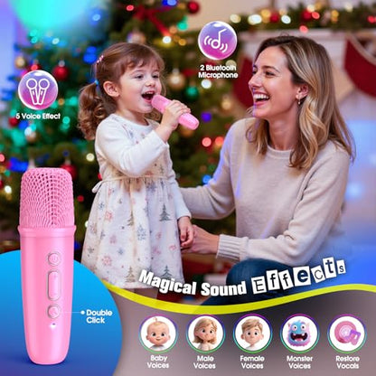 Mini Karaoke Microphone with Disco Light: Gifts for 3 4 5 6 7 8 9 10 11 12 Year Old Kids Girls Karaoke Machine 2 Microphones Toys for 3-15 Year Old Girl Birthday Gift Karaoke Machine for Family Party - color: Pink